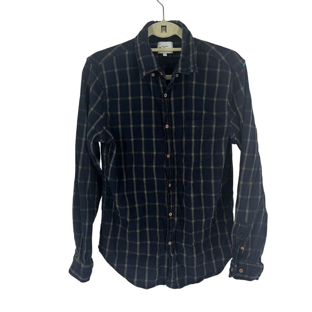 * Ben Sherman Mens Navy & Beige Plaid Long Sleeve Button-Down Shirt M Cotton